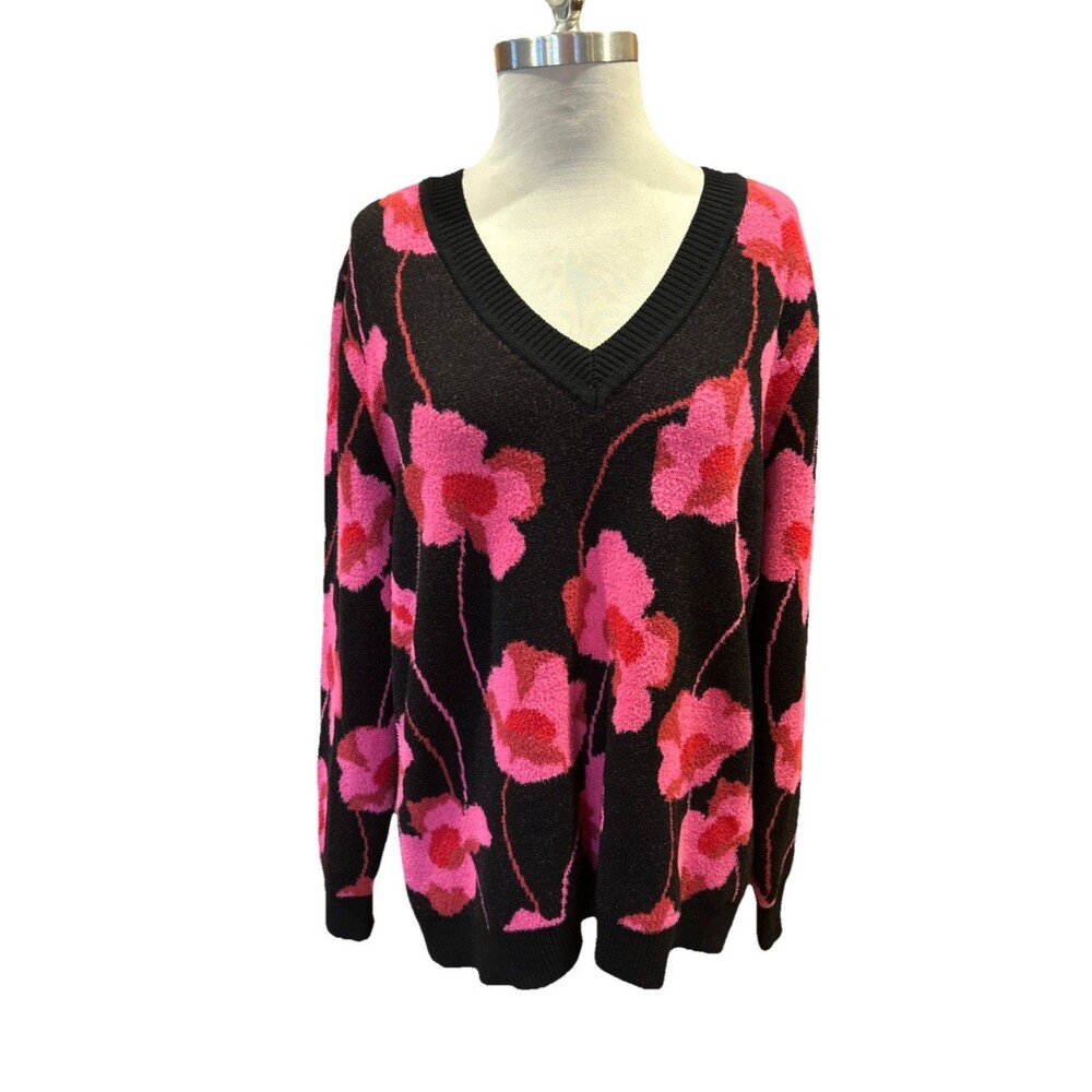 CABI Sweater Floral V Neck Pullover Chunky Size Large Black Pink Poppy Whimsical